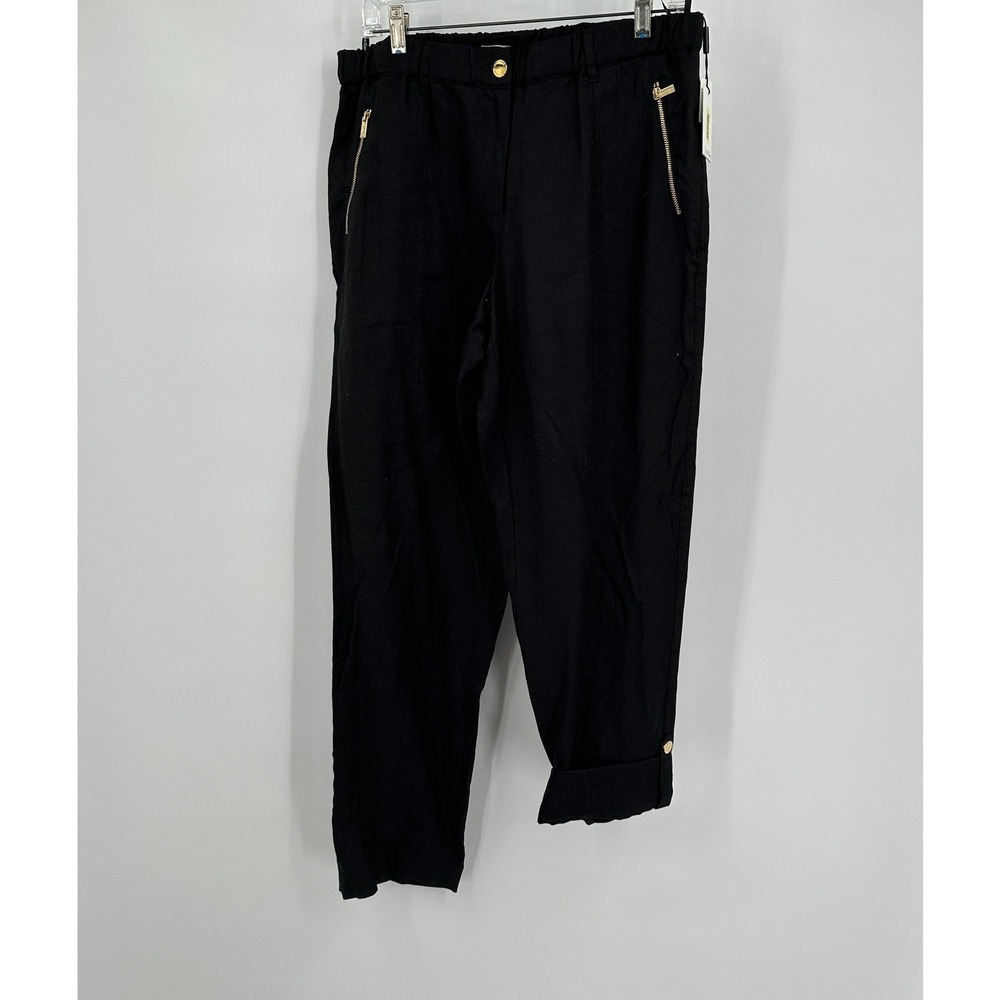 Calvin‎ Klein Womens Old Money Linen Pants Size M Quiet Luxury Roll Tab Black